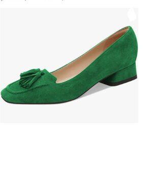 YDN Green Block Low Heel Loafer Square Toe Tassel Fringe Pump Slip On Dress Shoe
